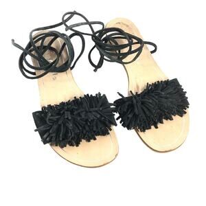 Mariella Womens Fringe Ankle Strap Black Leather ITALY Made Sandals sz 6.5 / 7